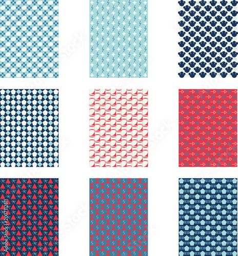 Abstract digital geometric pattern swatches in blue and red