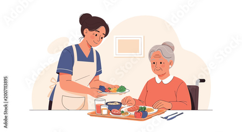 Nurse serving meal to elderly woman in wheelchair, healthcare, senior care, assisted living