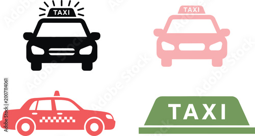 Fotografía Black pink and red taxi cab icons, front view car silhouette, side profile vehic