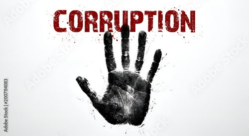 Large bold uppercase text “CORRUPTION” placed directly over the handprint