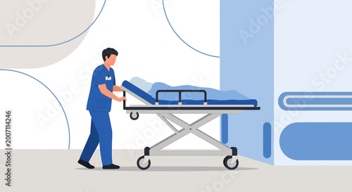 Nurse pushing patient on stretcher into hospital room, medical care concept