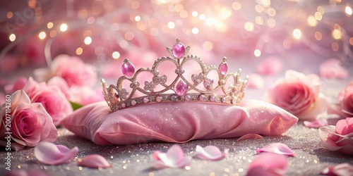 A delicate pink tiara sits atop a velvet pillow, surrounded by scattered rose petals and glittering fairy dust , dust, fairy,  dust