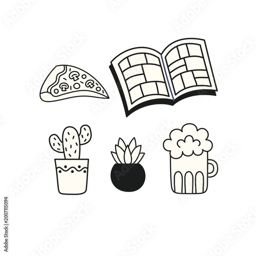 Hand-drawn doodle set featuring pizza, comic book, potted plants, and a beer mug on a white background.