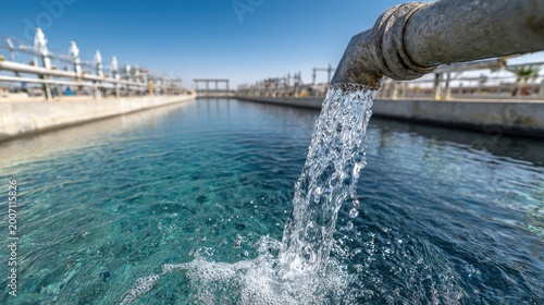 Clean water flows from a pipe into a treatment basin under bright sun