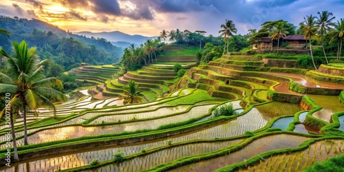 Colorful terraced rice fields in Bali's countryside with intricate stone walls and the Subak irrigation system, showcasing traditional farming practices , terraced rice field, traditional farming