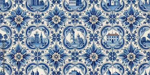 Delft blue seamless pattern with vintage Dutch tile decor featuring intricate floral motifs and classical architecture elements in a classic, timeless style , flooring, dutchstyle