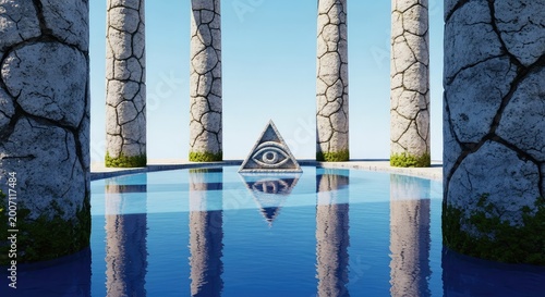 Ancient weathered stone columns encircle a pristine reflective pool where a carved eye within a triangle rests at the very center of water, monument, mystery, ruins
