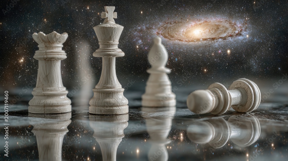 Obraz premium Cosmic chess pieces on a reflective board against a nebula backdrop