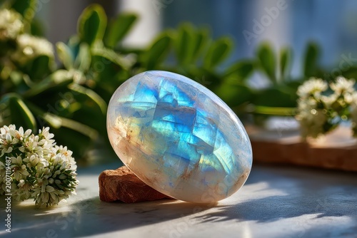 Moonstone Radiance: A polished moonstone gleams with ethereal beauty, its captivating play of light and color capturing the essence of the mystical. 
