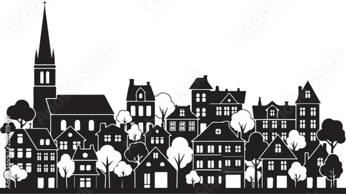 Фотография Small Town silhouette cutout skyline with chapel houses trees black and white