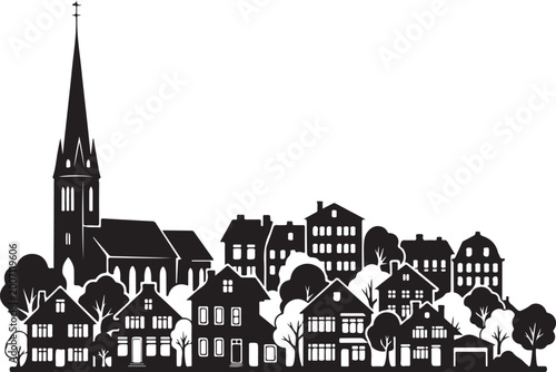 Tableau sur toile Small Town silhouette cutout skyline with chapel houses trees black and white