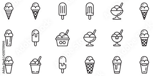 Foto Versatile ice cream icon set in clean line style, featuring cones, popsicles, and sundaes for diverse graphic design applications