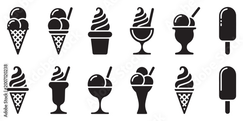 Quadro su tela Summer ice cream icons featuring soft serve cones sundae glasses and frozen popsicles in black silhouette style for dessert shop menu and branding