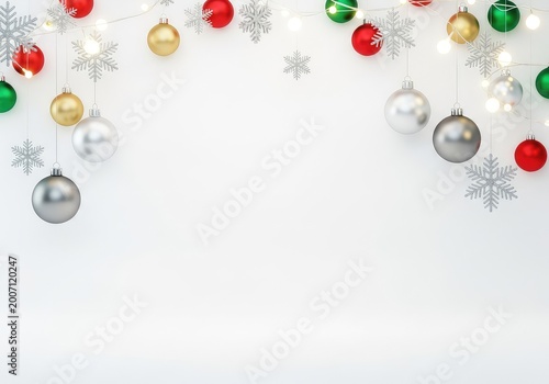 Minimalist white digital backdrop featuring delicate silver snowflakes, glowing festive lights, and elegant ornaments for holiday designs, aesthetic, bauble, blank