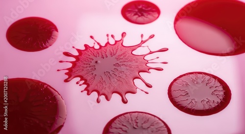 Multiple deep crimson fluid spots resting on a clean studio backdrop, highlighting intricate details of splatter patterns and wet texture, wet, vibrant, medical