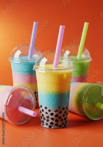 Refreshing multi-colored bubble tea drinks with chewy pearls in plastic cups arranged on a solid orange backdrop for a summer drink menu, snack, milk tea, blended