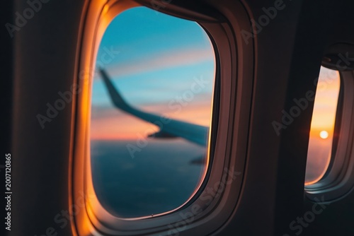 Airplane window showing a vibrant sunset sky and aircraft wing, capturing the beauty of travel and flight at golden hour