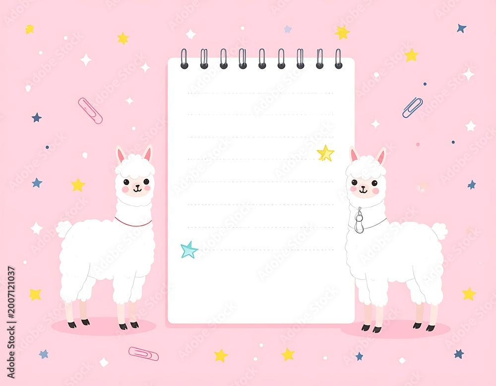 Fototapeta premium Cute Llamas with Blank Notebook Page.