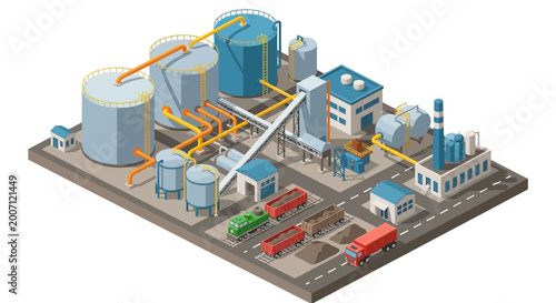 Isometric vector illustration of a large industrial chemical plant or oil refinery with storage tanks and trucks.