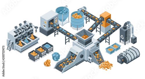 Isometric Illustration of an Industrial Waste Recycling and Sorting Factory Facility.