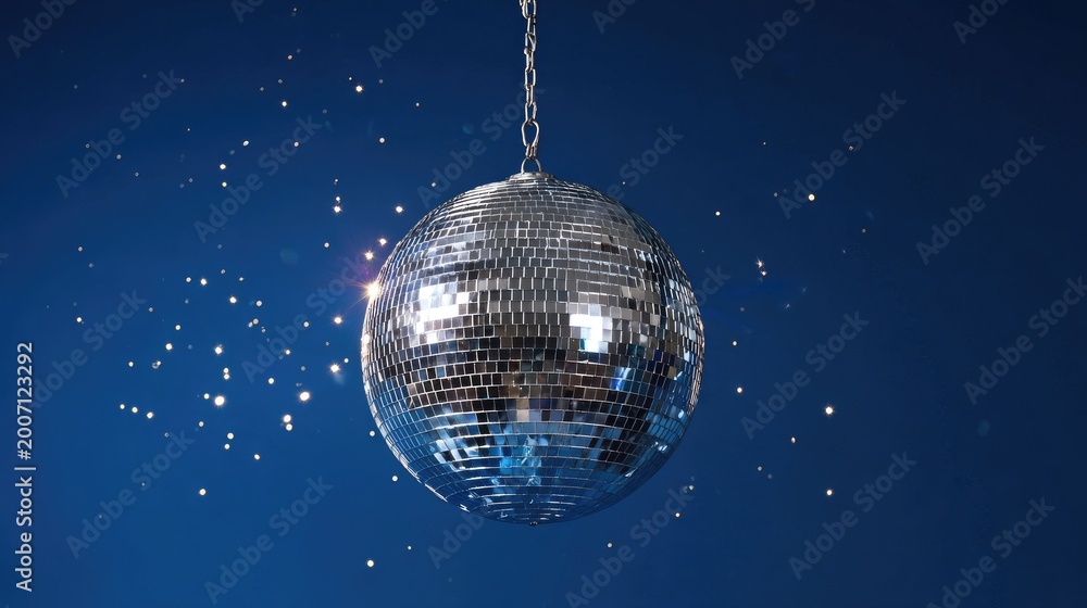 Obraz premium Hanging mirrored ball with glittering sparkles against dark blue