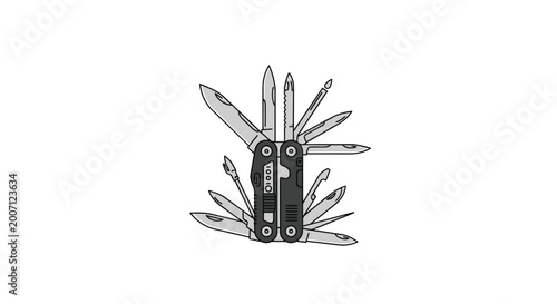 Versatile multi tool pocket knife with various blades and tools unfolded showing the complexity and utility of the folding device.
