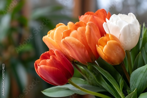 Vibrant Tulips in Various Colors with Lush Green Leaves in Soft Natural Light