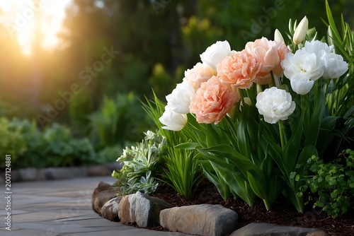 Beautiful multicolored peonies and tulips blooming in lush garden at sunset