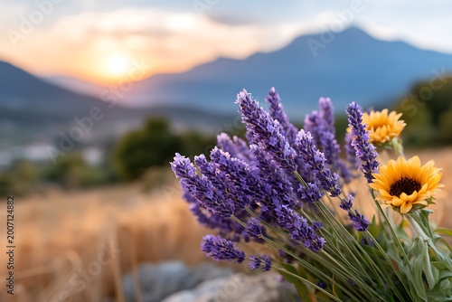 Lavender and Sunflower Blooms Against a Scenic Mountain Sunset Landscape
