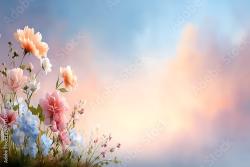 Serene Floral Arrangement with Soft Pastel Blooms Against Colorful Sky Background