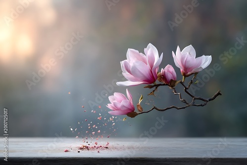 Delicate Pink Magnolia Blossoms with Soft Background and Artistic Floating Petals