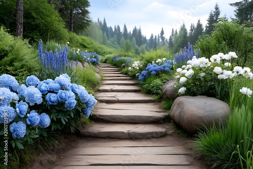 Serene Garden Pathway Surrounded by Colorful Flowers and Lush Greenery in Nature