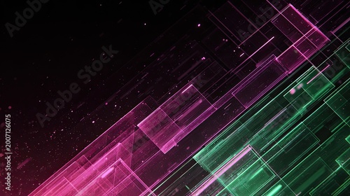 Geometric abstraction with digital particles in magenta and green hues