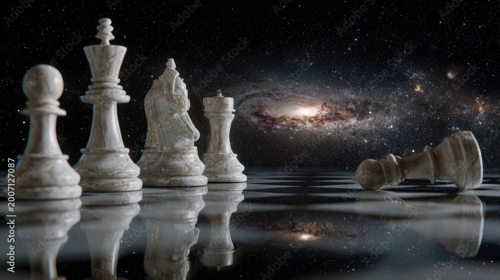 Fototapeta premium Chess pieces poised on a board against a cosmic galaxy backdrop