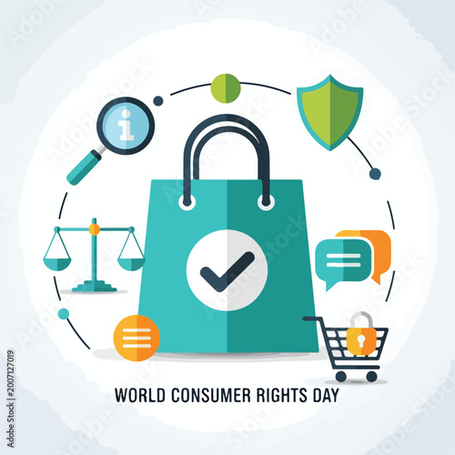A bag with a checkmark and icons representing consumer rights