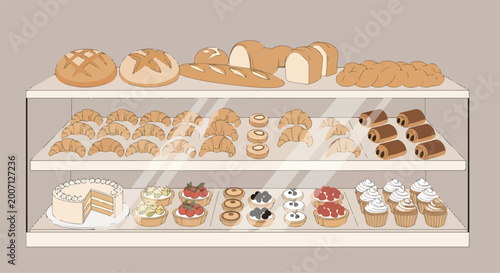 Photos A bakery display case filled with assorted breads and pastries