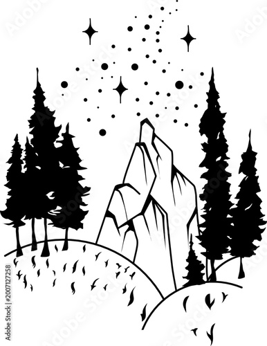 Rustic mountain and forest icon featuring stylized trees and stars. Clean monochrome vector graphic for camping equipment branding, hiking emblems, and environmental symbols.