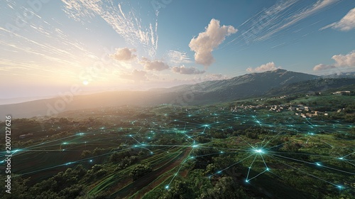 Connected, luminous network overlays rolling green hills and village