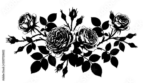 Hand drawn vintage roses set with botanical gouache illustration flowers and leaves vector isolated on white background