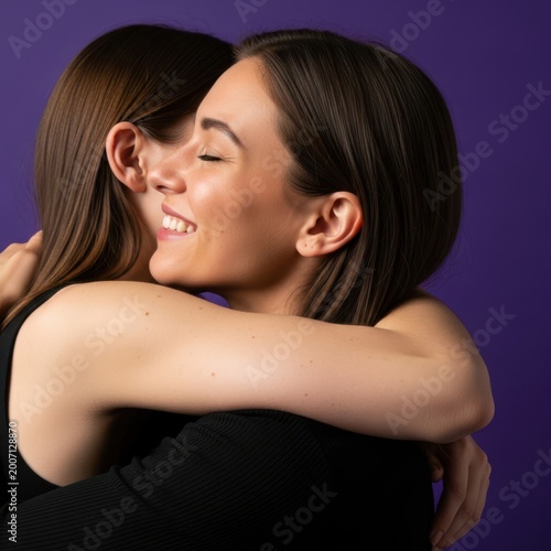 Two young women share a heartfelt, affectionate hug, expressing a deep sense of joy, comfort, and emotional connection against a striking purple backdrop