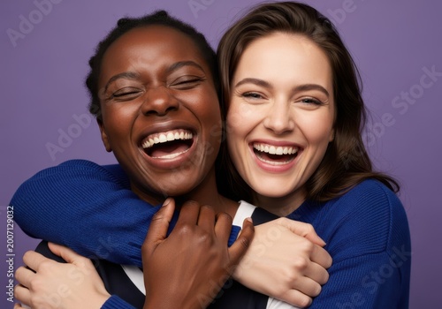 Authentic moment of two diverse young women embracing in a heartwarming hug, sharing contagious laughter and pure joy, celebrating their genuine friendship