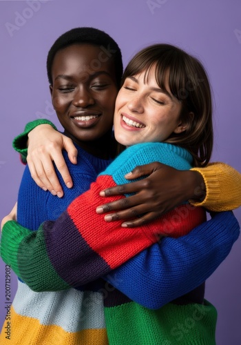 Two diverse women with different skin tones sharing a warm and joyful hug against a solid purple background in a studio portrait