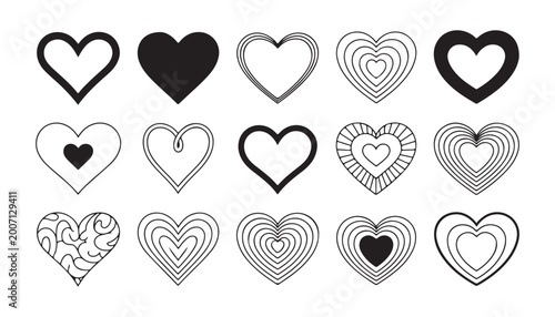 Tableau sur toile Heart icon set, black outline and solid heart shapes with concentric designs, vector collection
