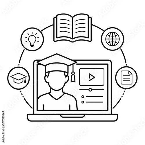 Modern E-Learning Platform Concept with Graduate Student on Laptop, Surrounded by Knowledge and Global Study Icons