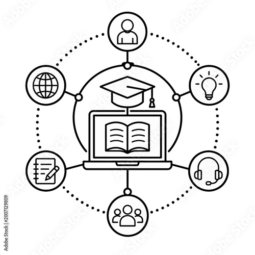 Dynamic Online Education Network Illustration for Digital Learning, Virtual Classroom, and Collaborative E-learning Ecosystem Concept