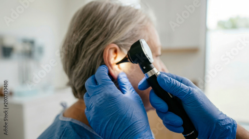 Doctor examining the ear of an elderly patient with an otoscope