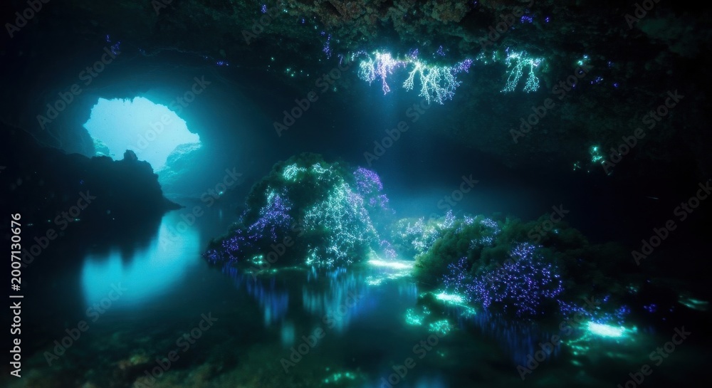Obraz premium Bioluminescent flora illuminates a mysterious aquatic cave at night