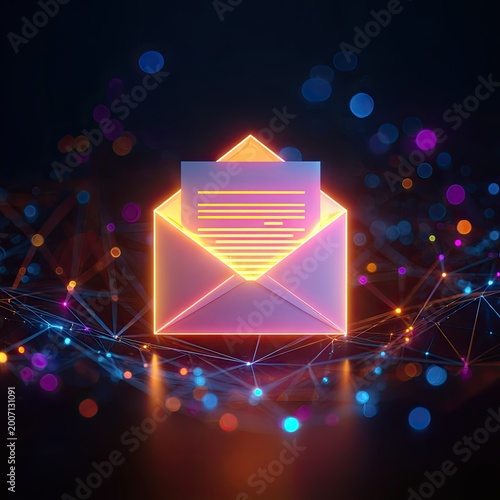 Glowing email icon with digital network and bokeh lights