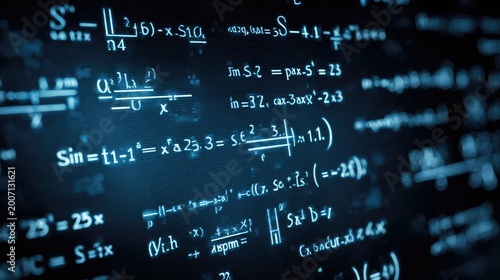 Abstract blue background with glowing complex mathematical equations