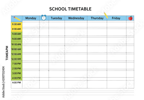 Obraz na plátně A blank school timetable with days and times